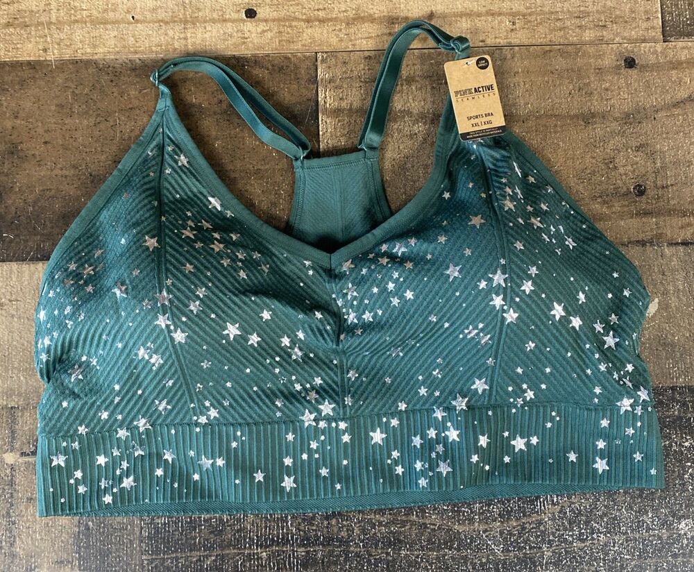Victoria’s Secret PINK Active Forest Green Silver Stars Seamless Sports Bra XXL